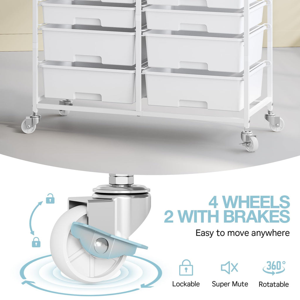 White 12 Drawers Rolling Storage Cart with Wooden Top T8792