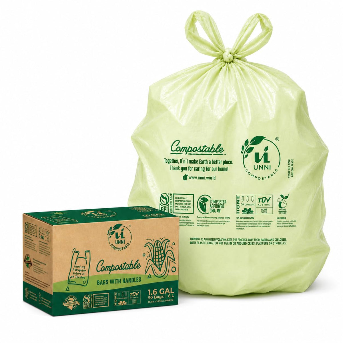 1.6 Gallon Compostable Bags with Easy-Tie Handles, 50 Count Z97371
