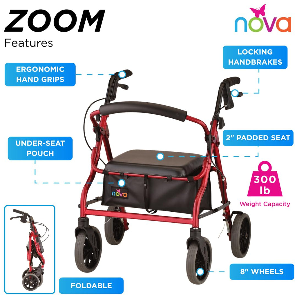 Red Rollator Walker with Padded Seat and 8" Wheels C747