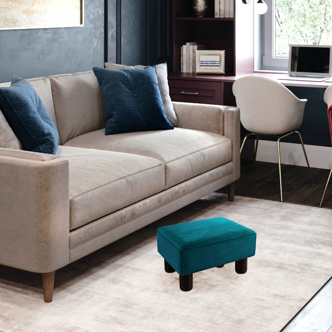 Small Teal Velvet Rectangle Foot Stool Ottoman K576