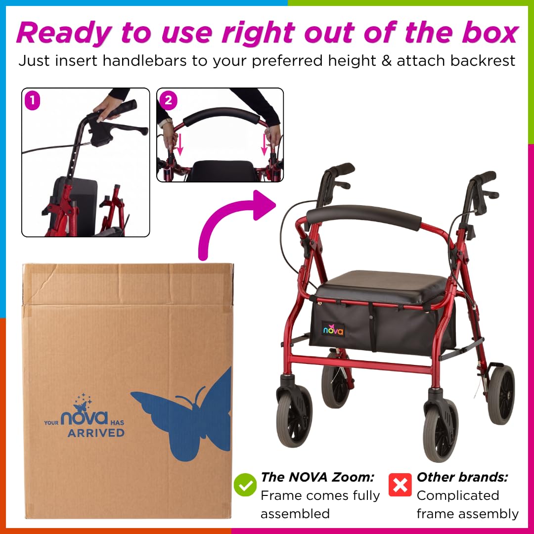 Red Rollator Walker with Padded Seat and 8" Wheels C747