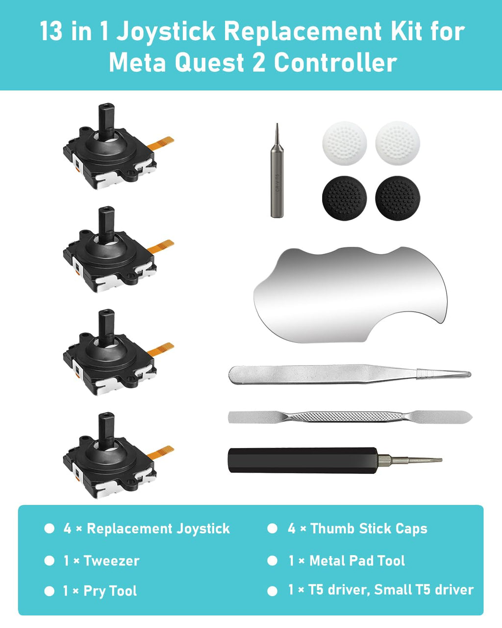 Joystick Replacement Kit for Controller, Include 2 Joysticks, T5 Screwdriver, Tweezer, Pry Tool, 4 Thumbstick Grips Q7403