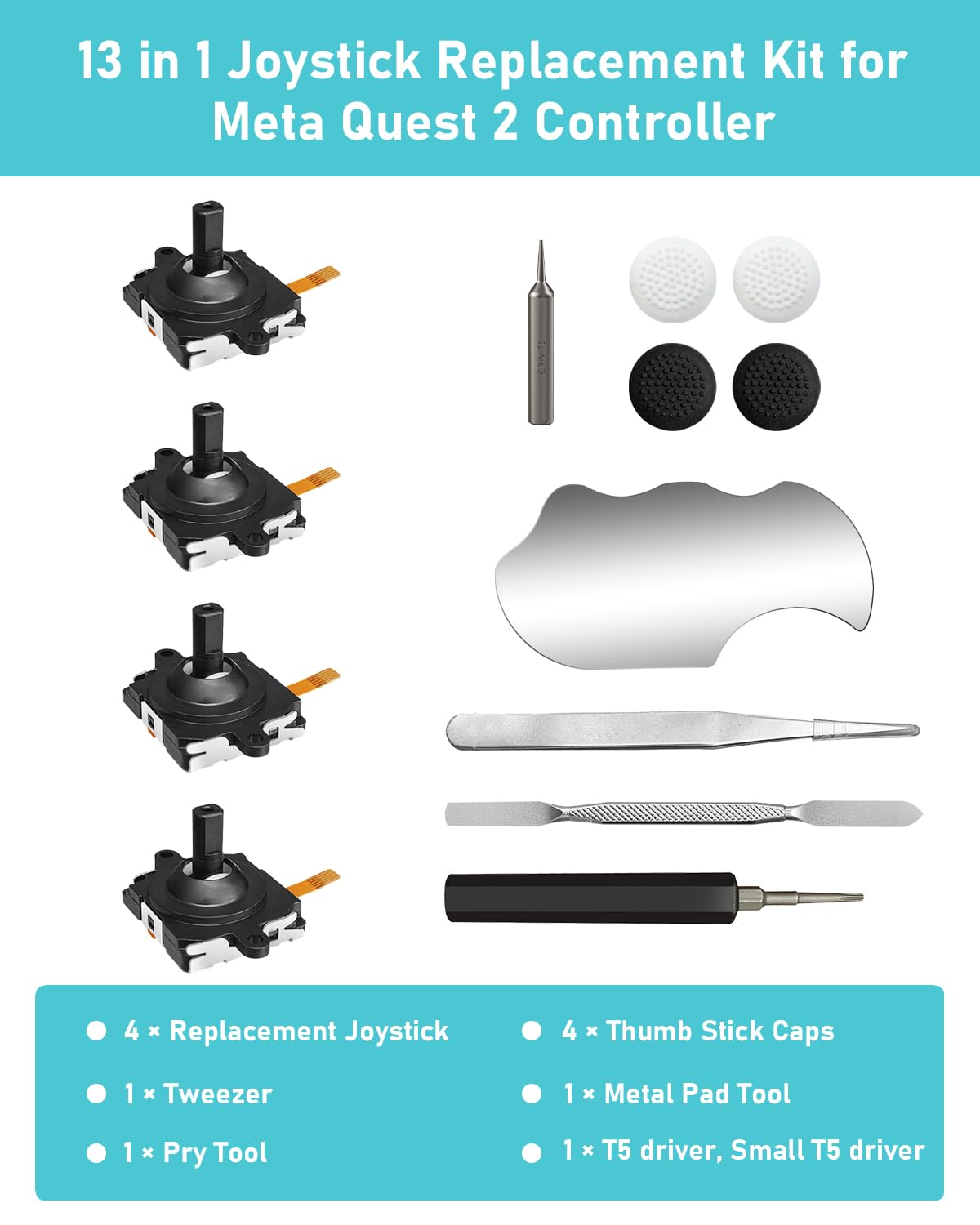 Joystick Replacement Kit for Controller, Include 2 Joysticks, T5 Screwdriver, Tweezer, Pry Tool, 4 Thumbstick Grips Q7403