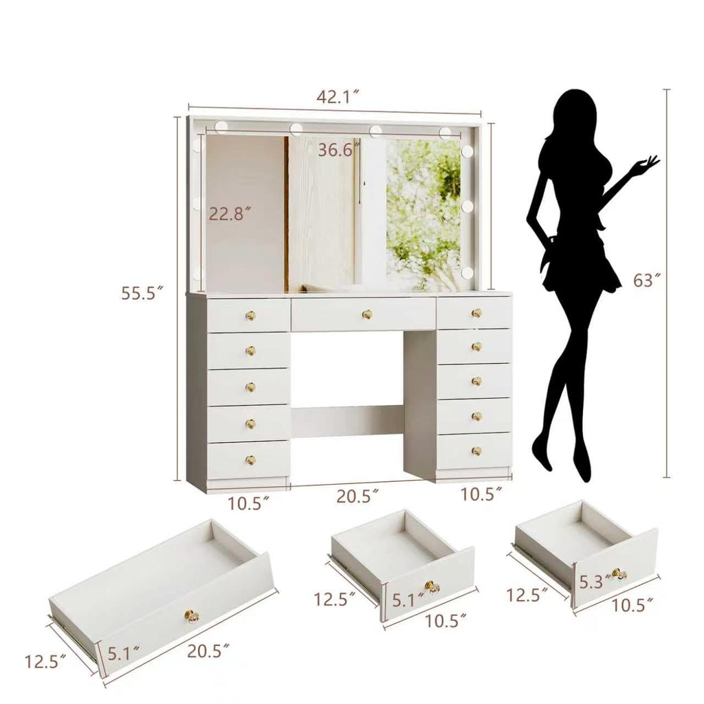 White Vanity Desk with Mirror and 10 LED Lights E398