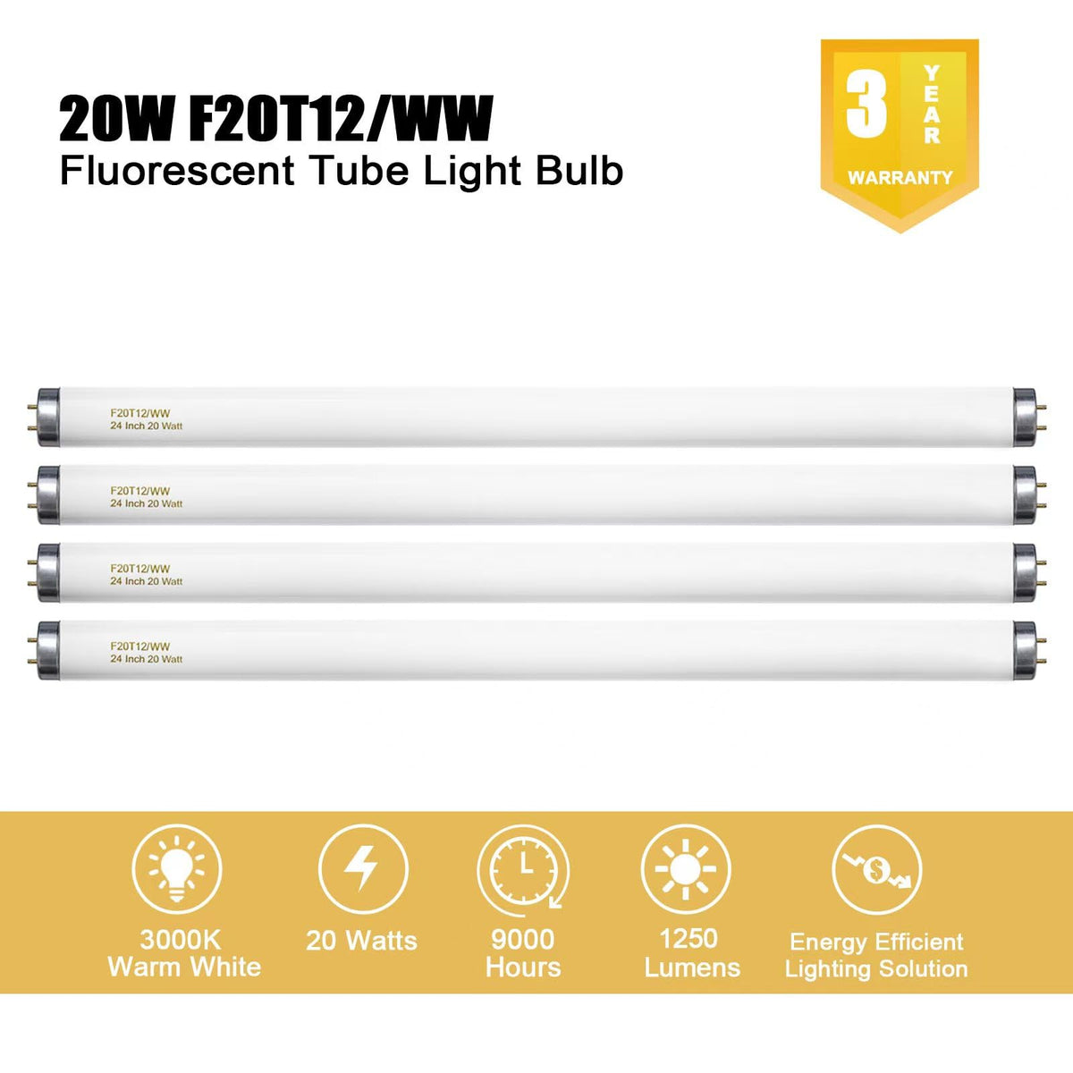 20 Watt Soft Warm White T12 Fluorescent Tube Light Bulb 24 Inch 4 Count S9815