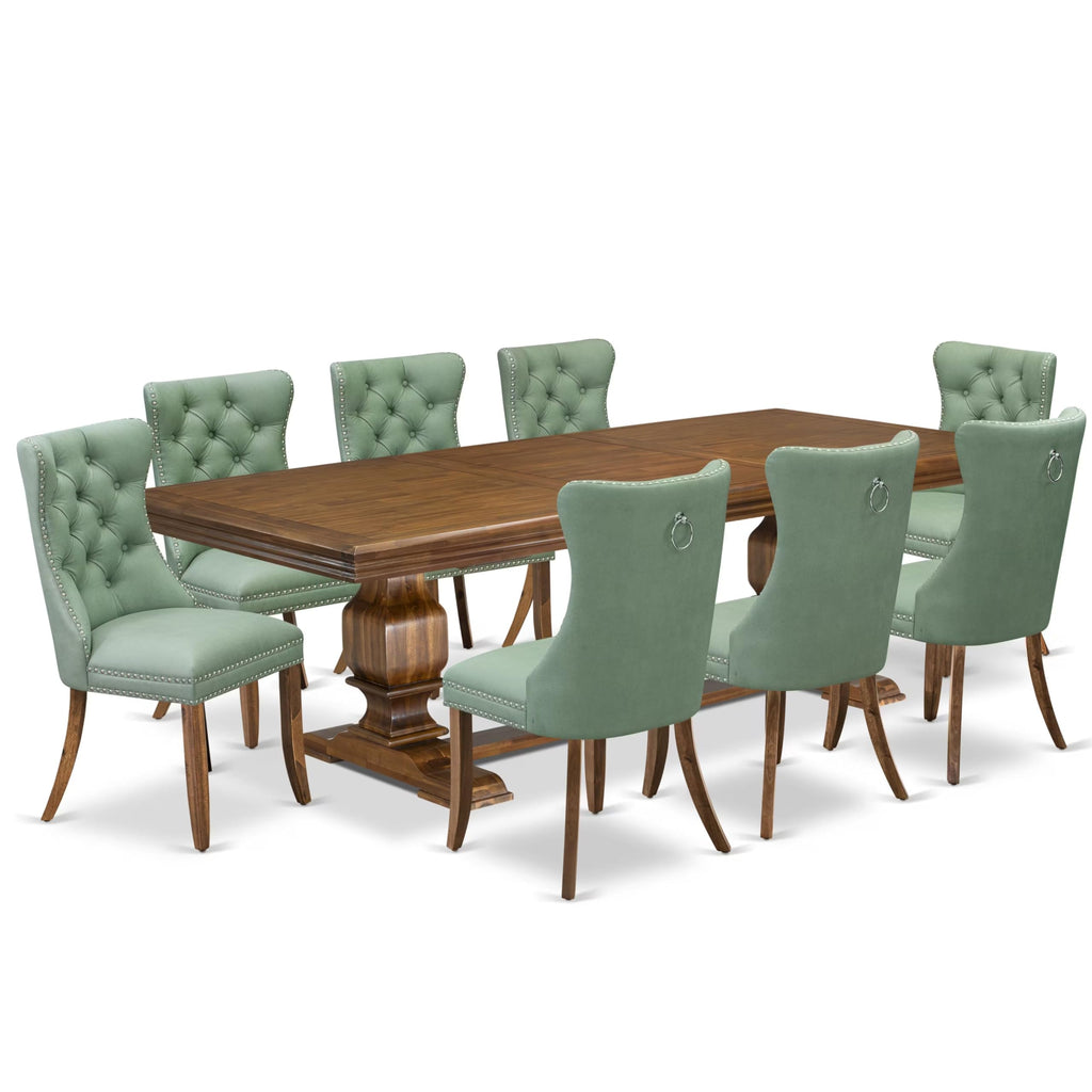 9 Piece Mid-century Dining Table Set with 8 Willow Green Polyester Chairs D6255
