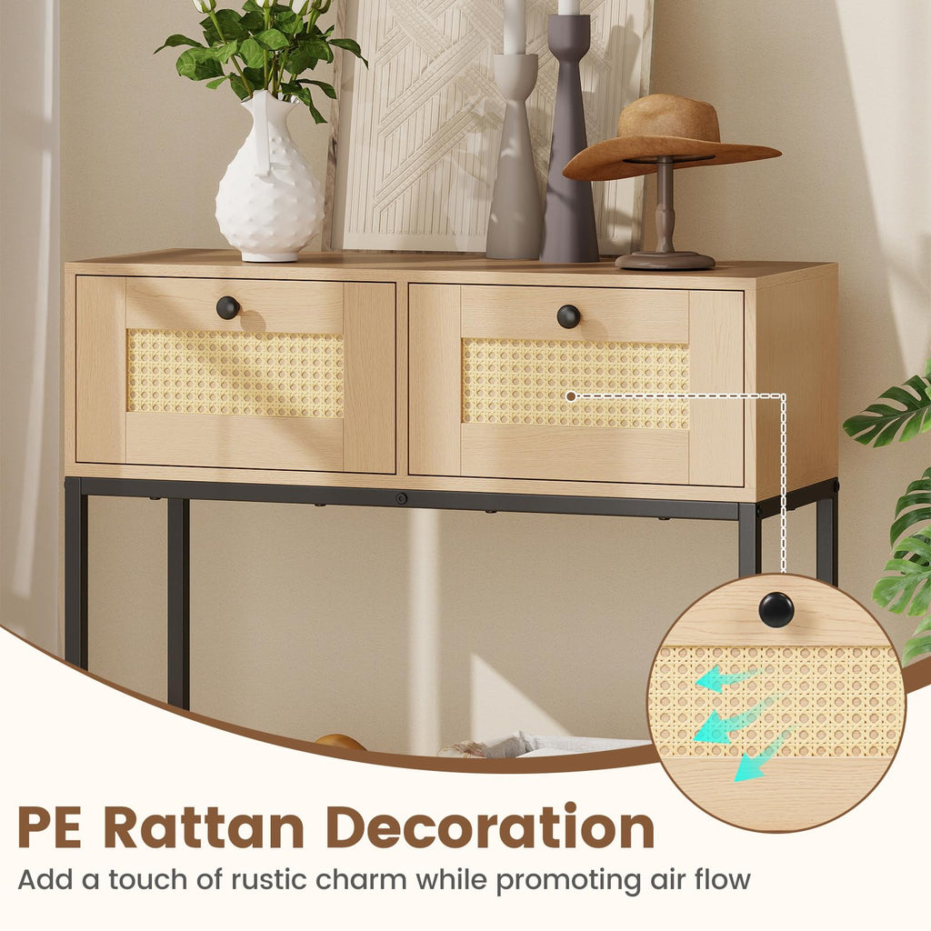 Oak Rattan Console Table with 2 Drawers Q92880