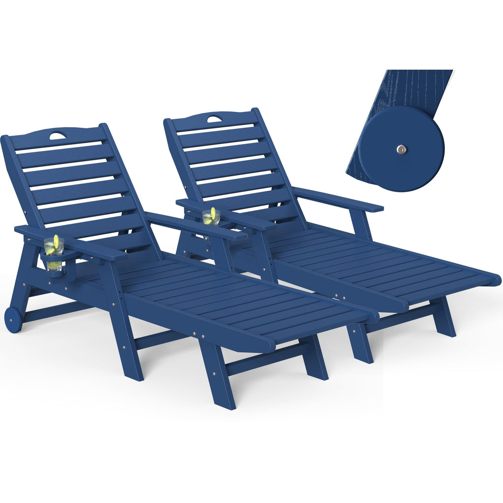 Set of 2 Outdoor Chaise Lounge Chairs with Wheels & Cup Holder M8456