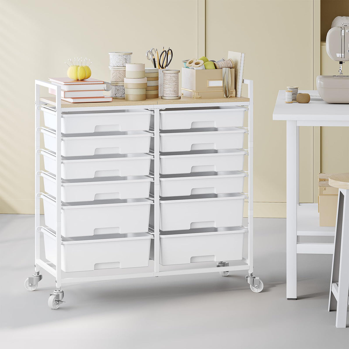 White 12 Drawers Rolling Storage Cart with Wooden Top T8792