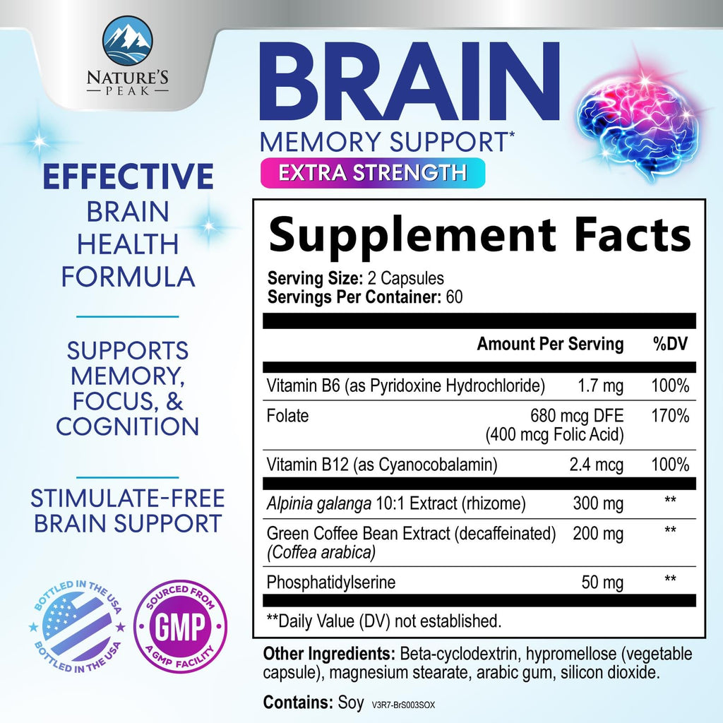 120 Capsules Brain Memory Supplement with Vitamin B6 B12 Folate & Phosphatidylserine E89501