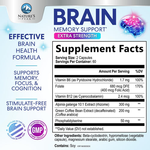 120 Capsules Brain Memory Supplement with Vitamin B6 B12 Folate & Phosphatidylserine E89501