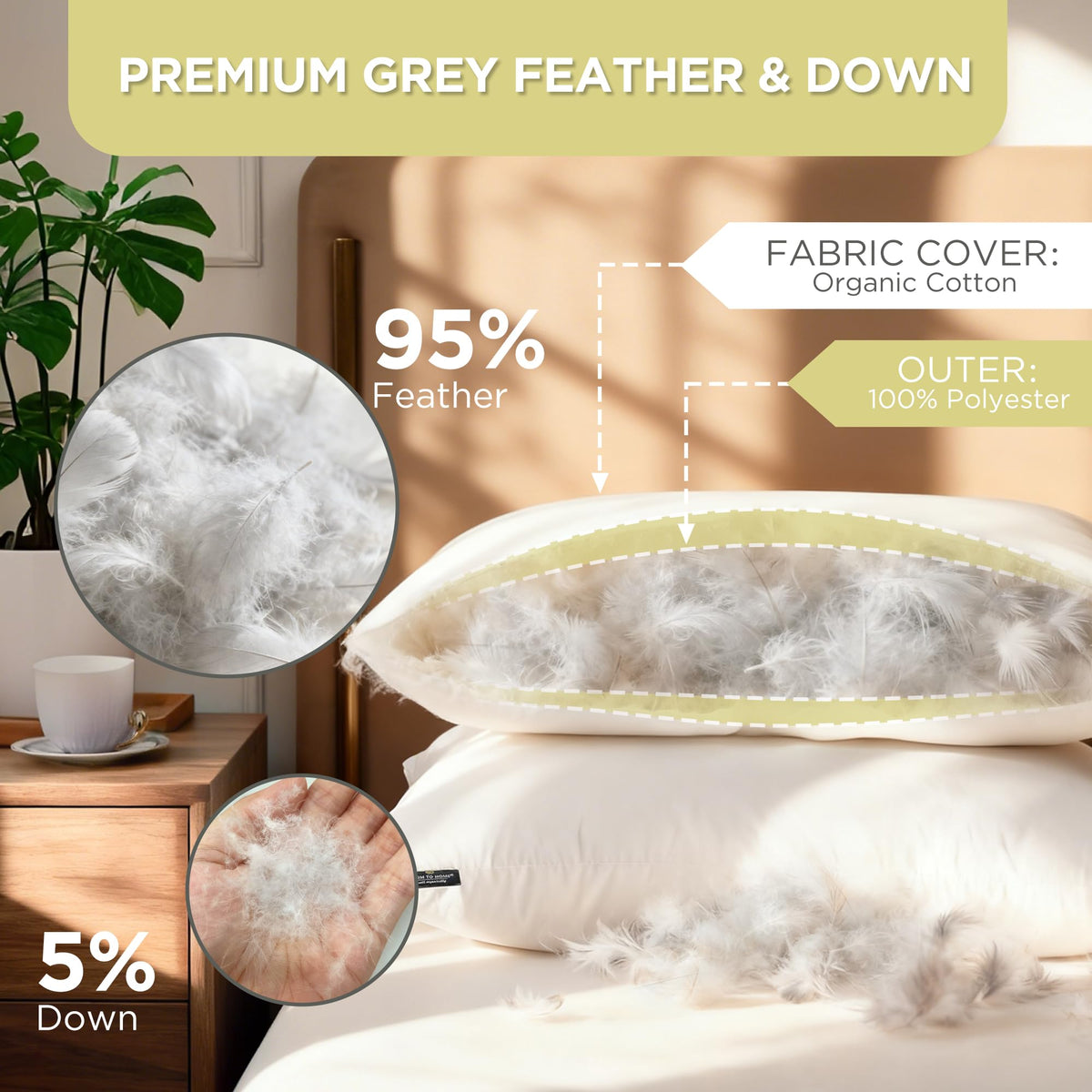 Feather and Down Pillows, 100% Organic Cotton Cover W1639