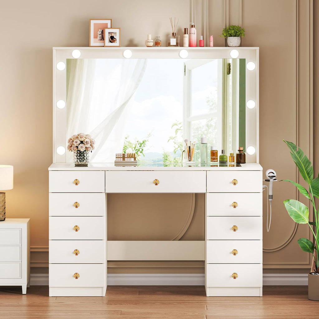 White Vanity Desk with Mirror and 10 LED Lights E398