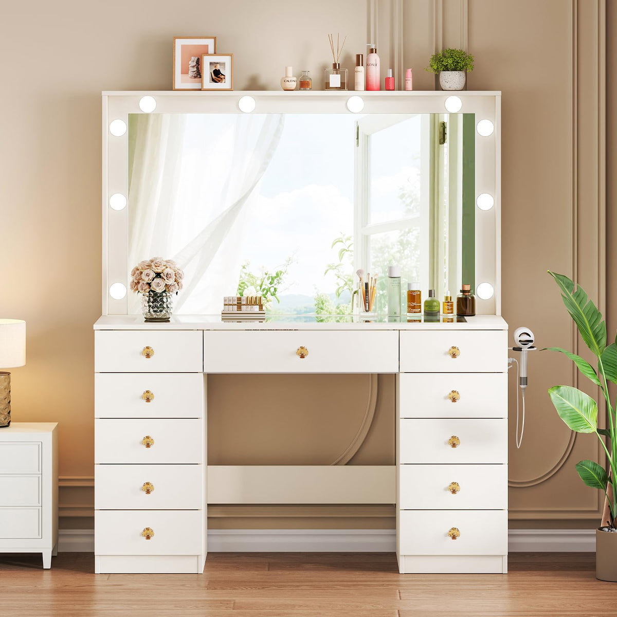 White Vanity Desk with Mirror and 10 LED Lights E398