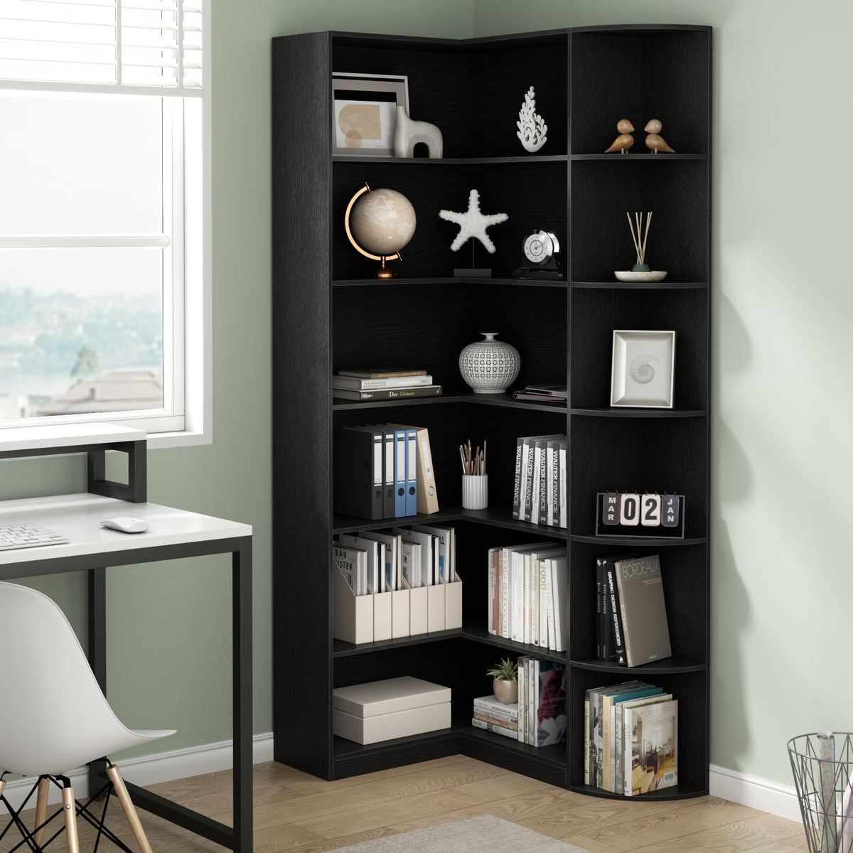 Black 6 Tiers L-Shaped Book Shelf D348353