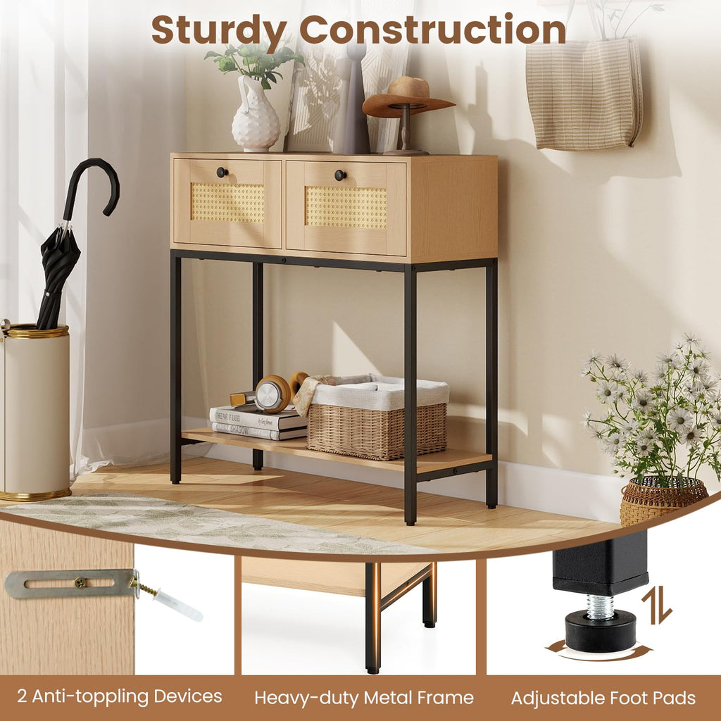 Oak Rattan Console Table with 2 Drawers Q92880