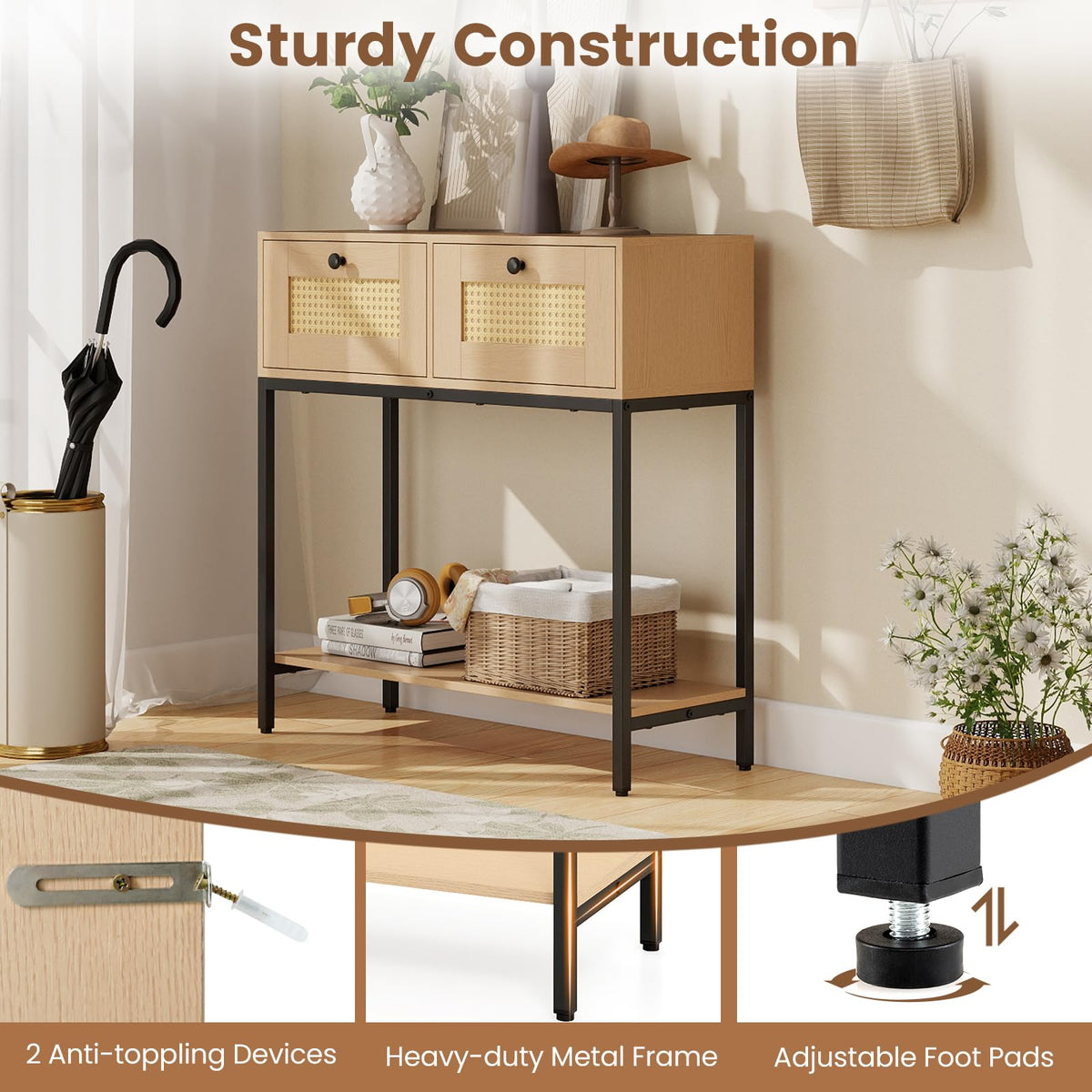 Oak Rattan Console Table with 2 Drawers Q92880