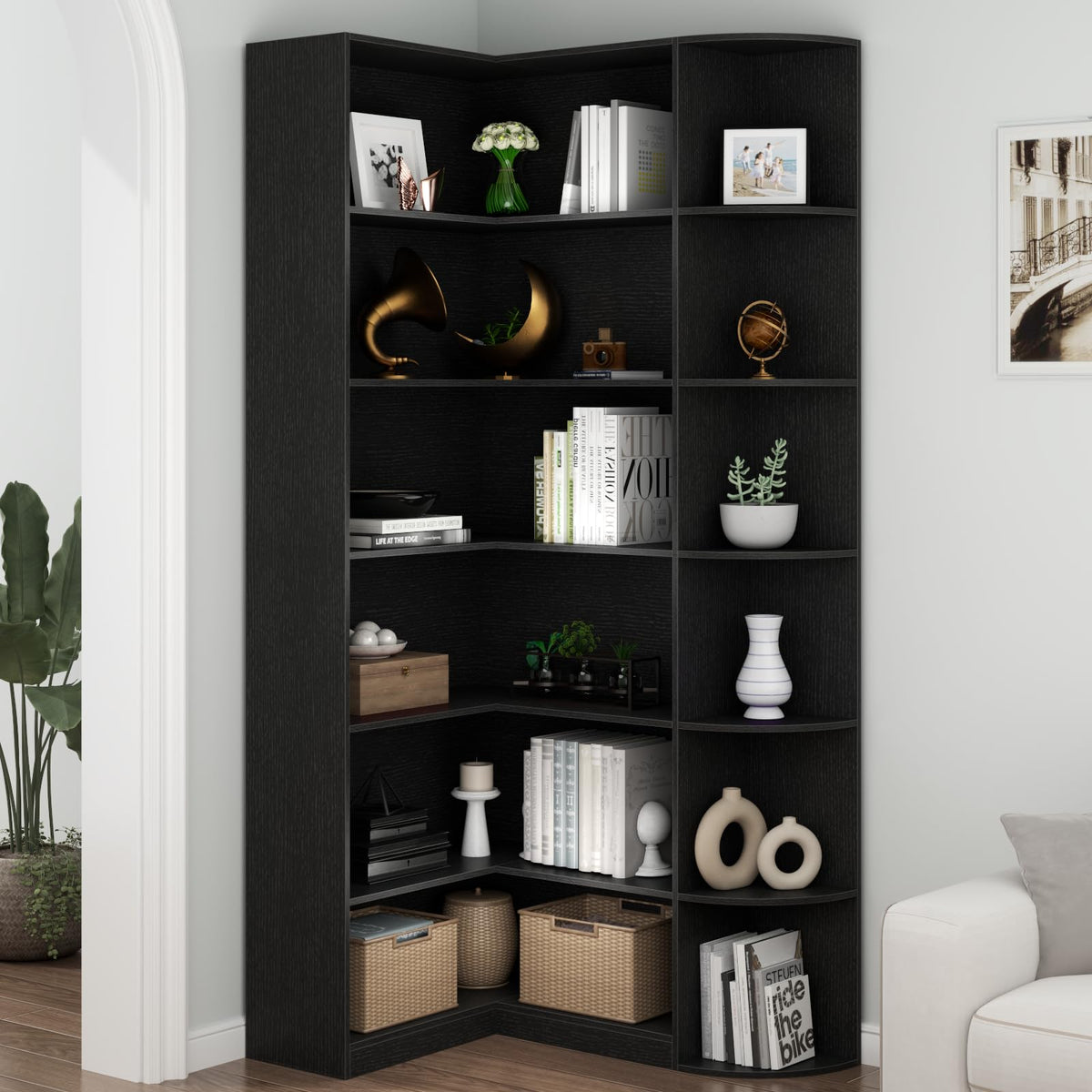 Black 6 Tiers L-Shaped Book Shelf D348353
