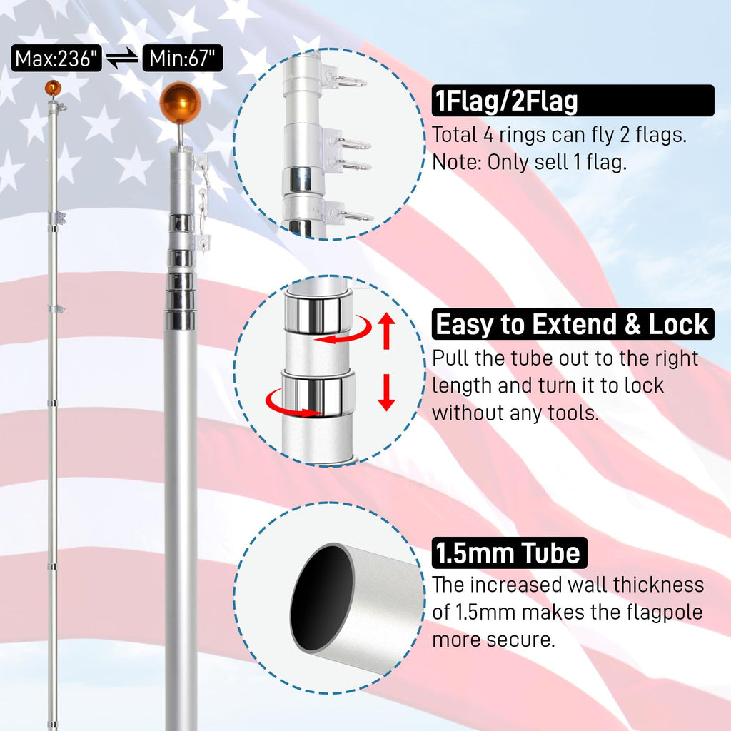 20FT Sectional Heavy Duty Aluminum Flag Pole Kit with 3x5 ft American Flag W825