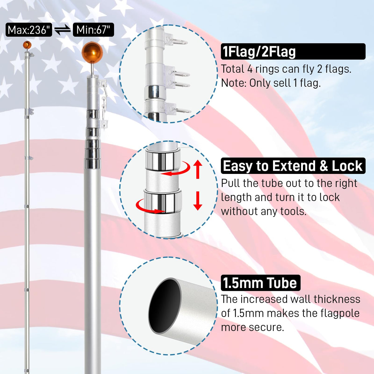 20FT Sectional Heavy Duty Aluminum Flag Pole Kit with 3x5 ft American Flag W825