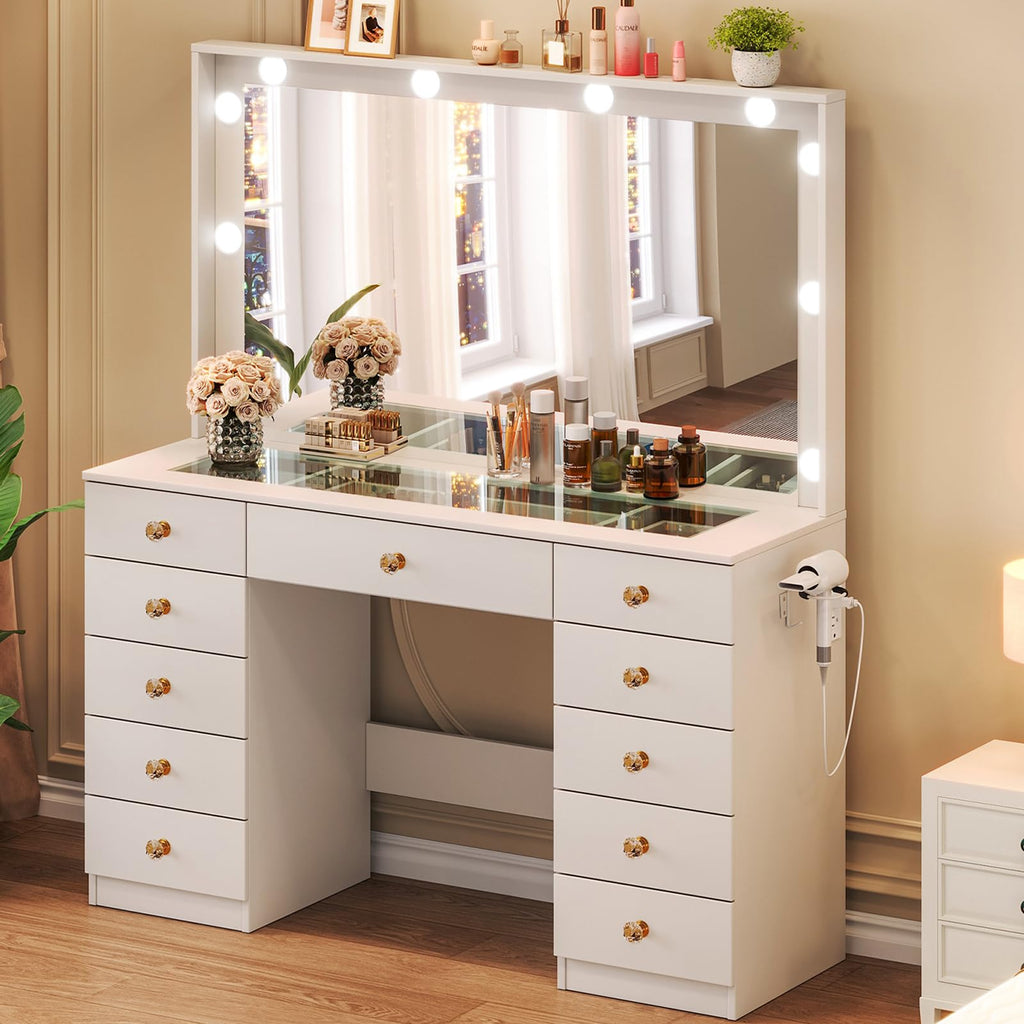 White Vanity Desk with Mirror and 10 LED Lights E398