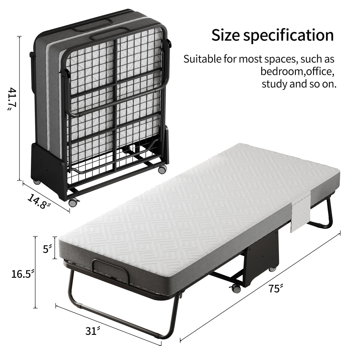 Folding Bed with 5-inch Memory Foam Mattress and Metal Frame C9485