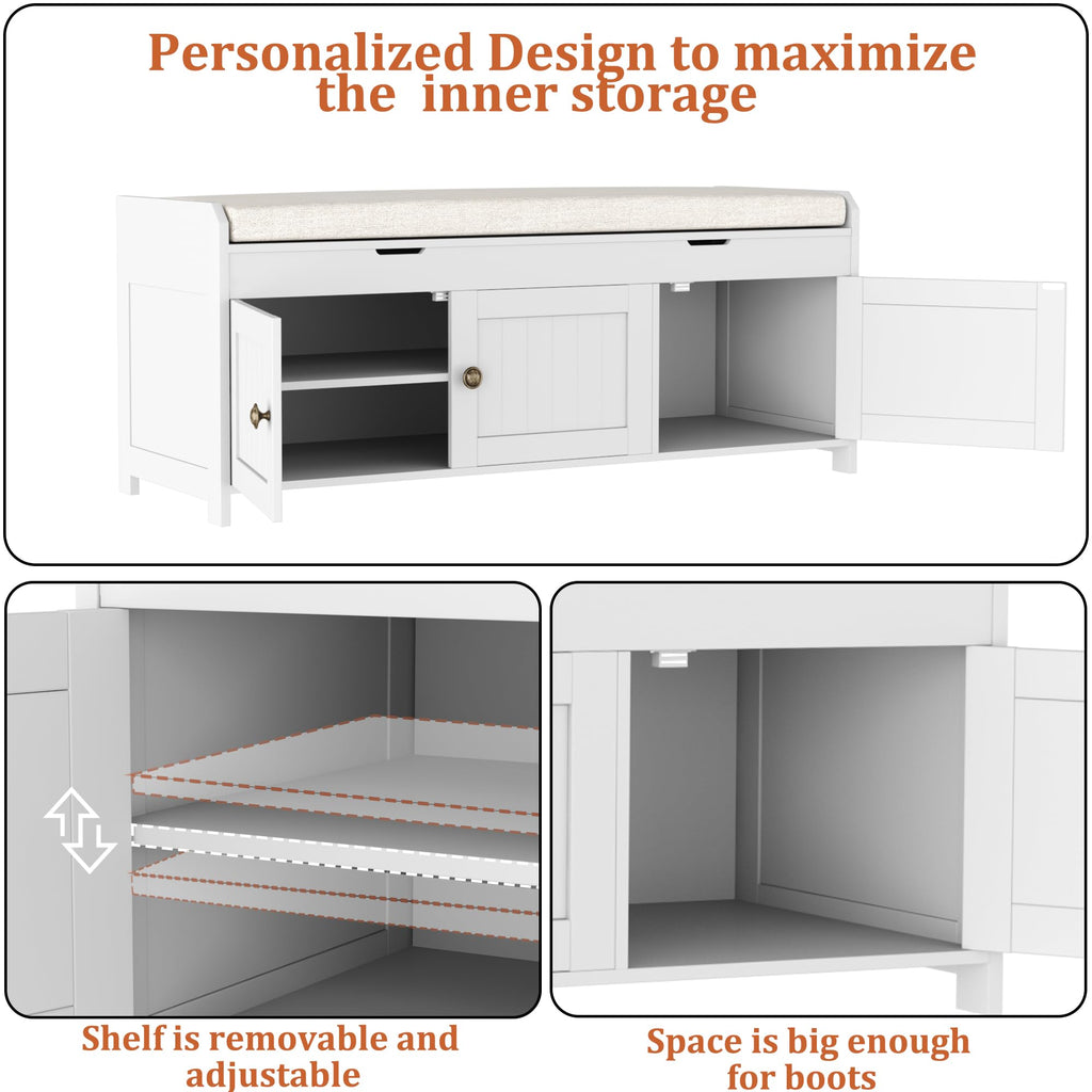 White Lift Top Storage Shoe Bench with Cushioned Seat A25158