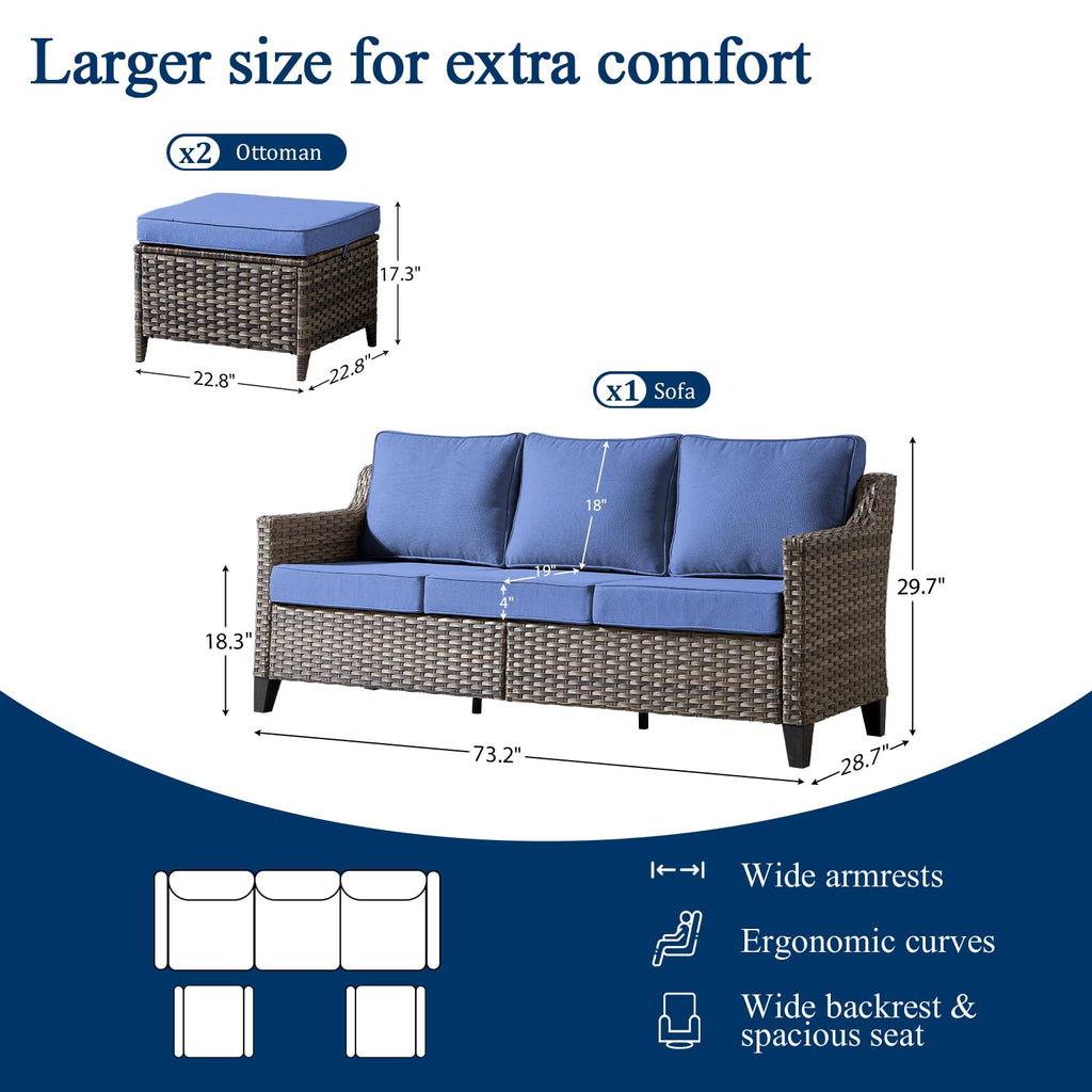 3 Pieces All Weather Wicker Patio Sofa Set with 2 Footstools A20766