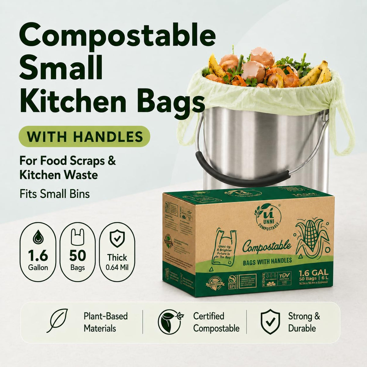 1.6 Gallon Compostable Bags with Easy-Tie Handles, 50 Count Z97371