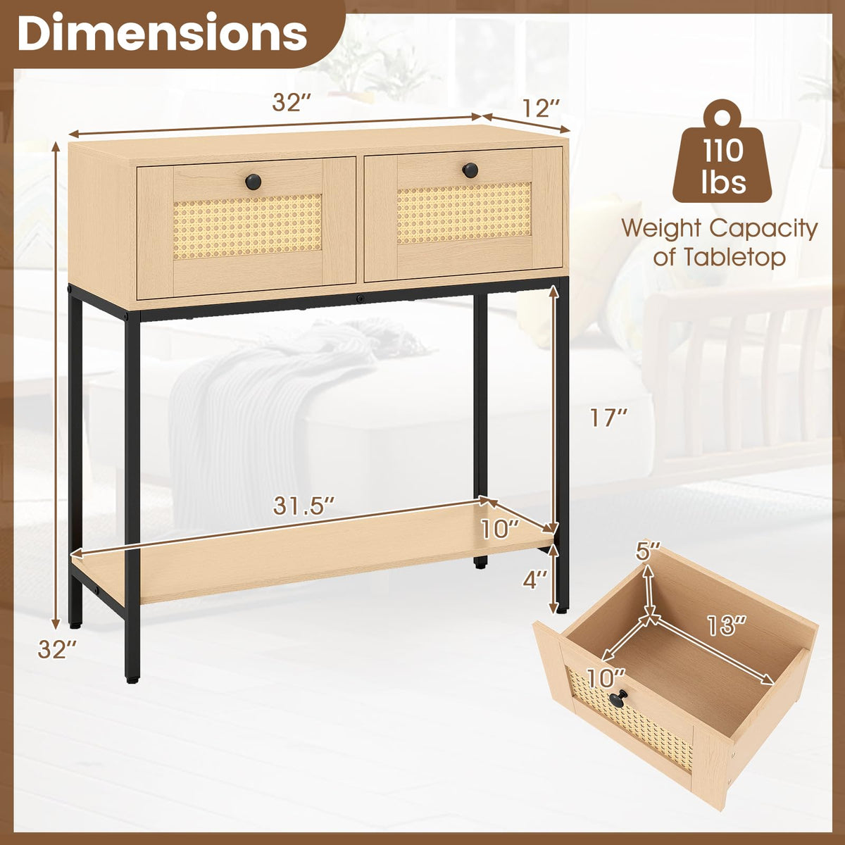 Oak Rattan Console Table with 2 Drawers Q92880