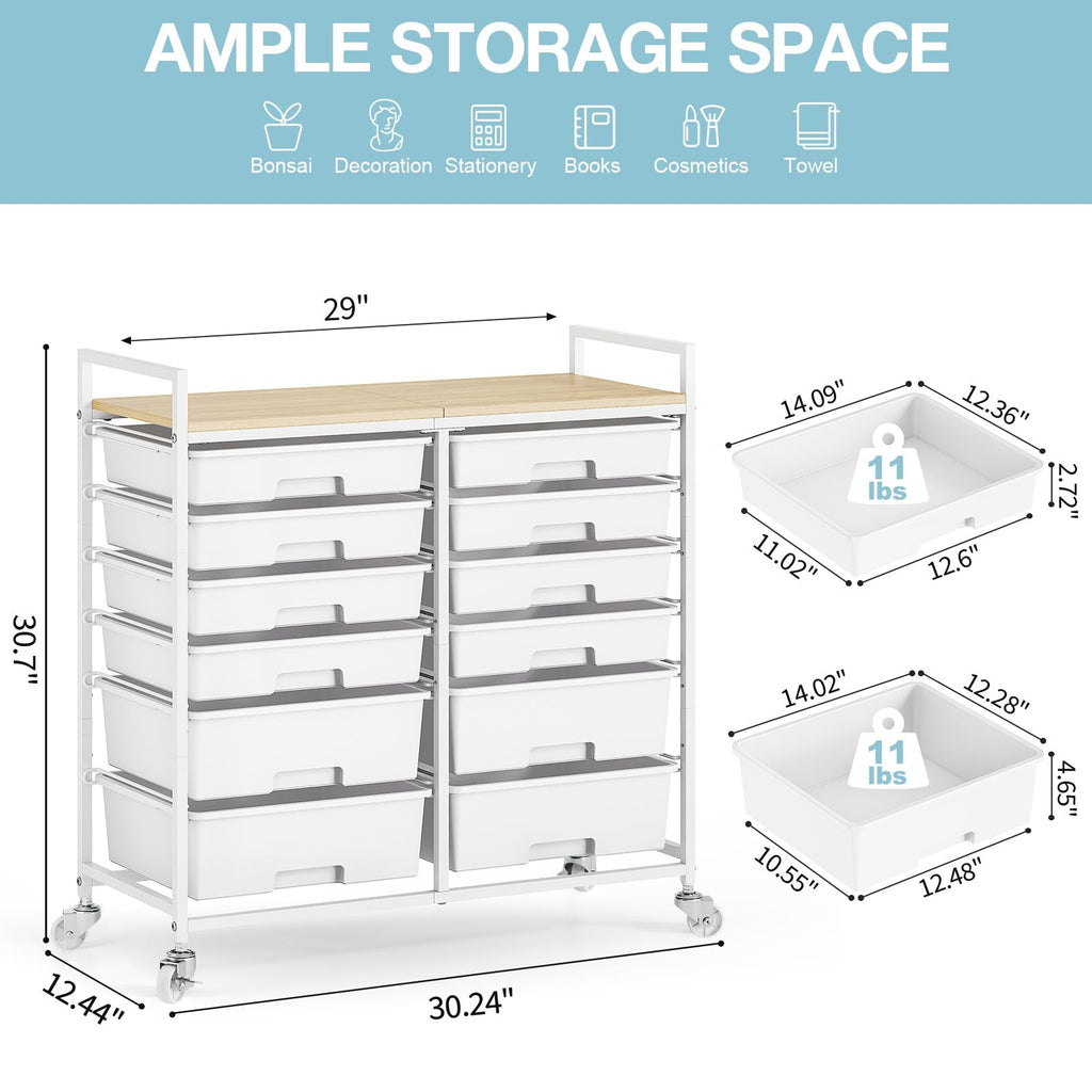 White 12 Drawers Rolling Storage Cart with Wooden Top T8792