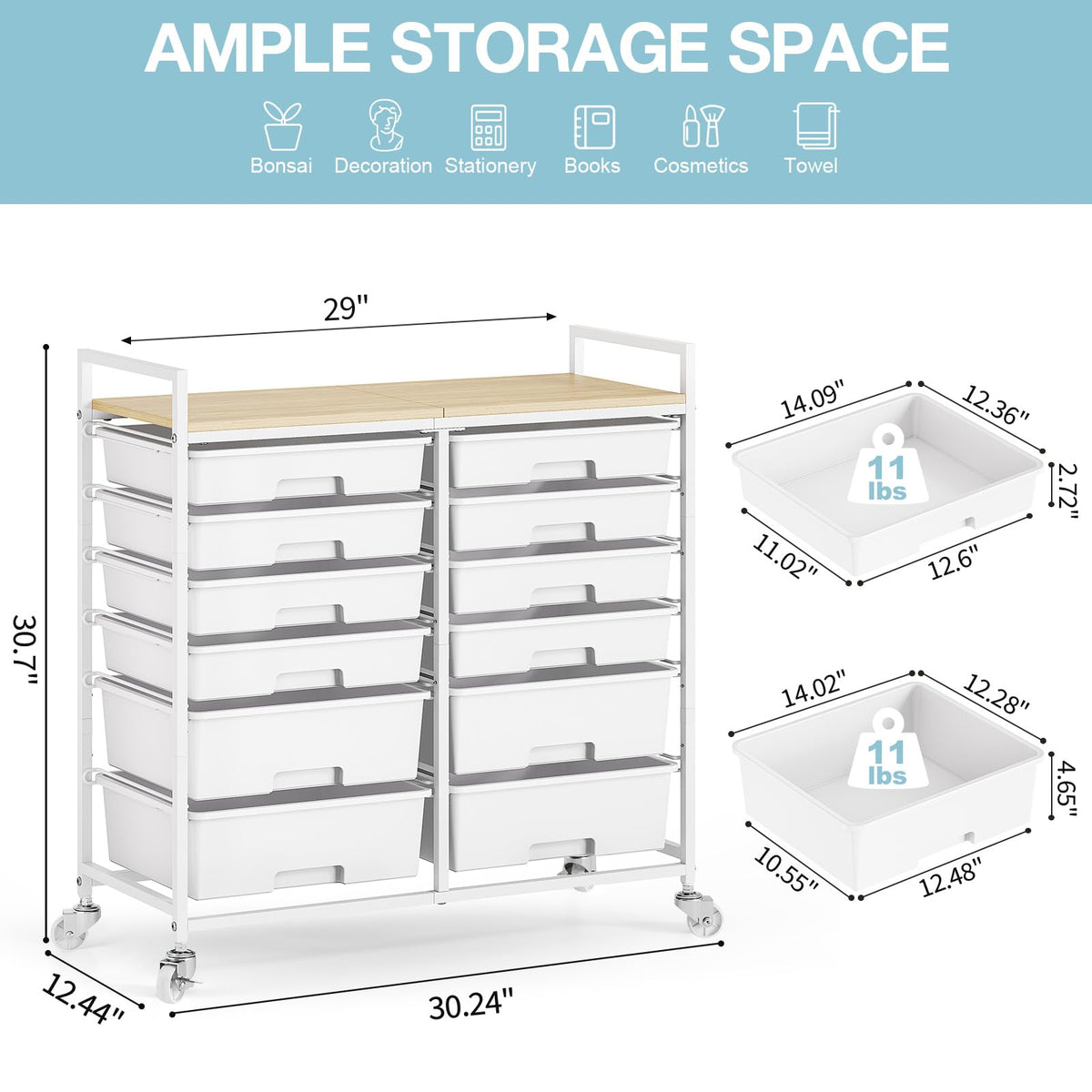 White 12 Drawers Rolling Storage Cart with Wooden Top T8792