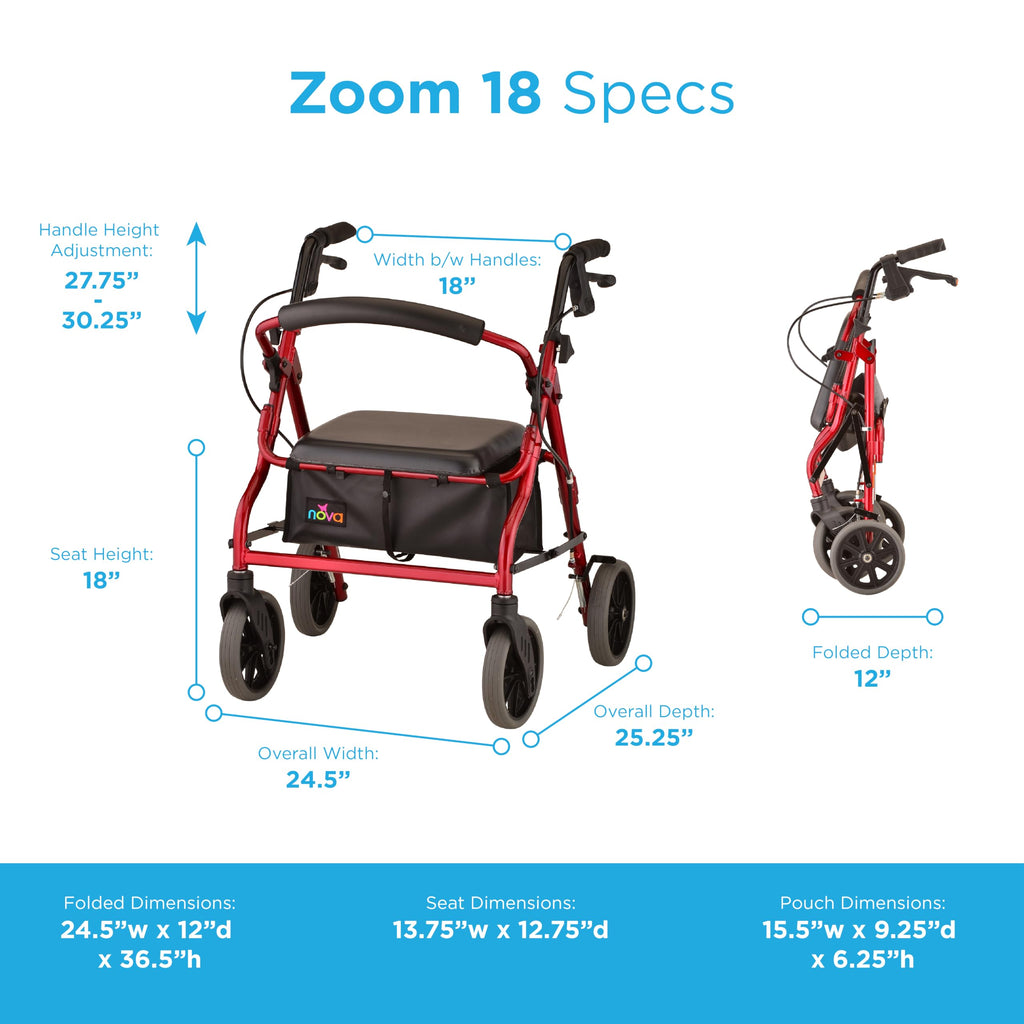 Red Rollator Walker with Padded Seat and 8" Wheels C747