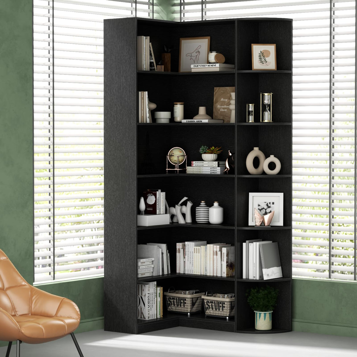 Black 6 Tiers L-Shaped Book Shelf D348353