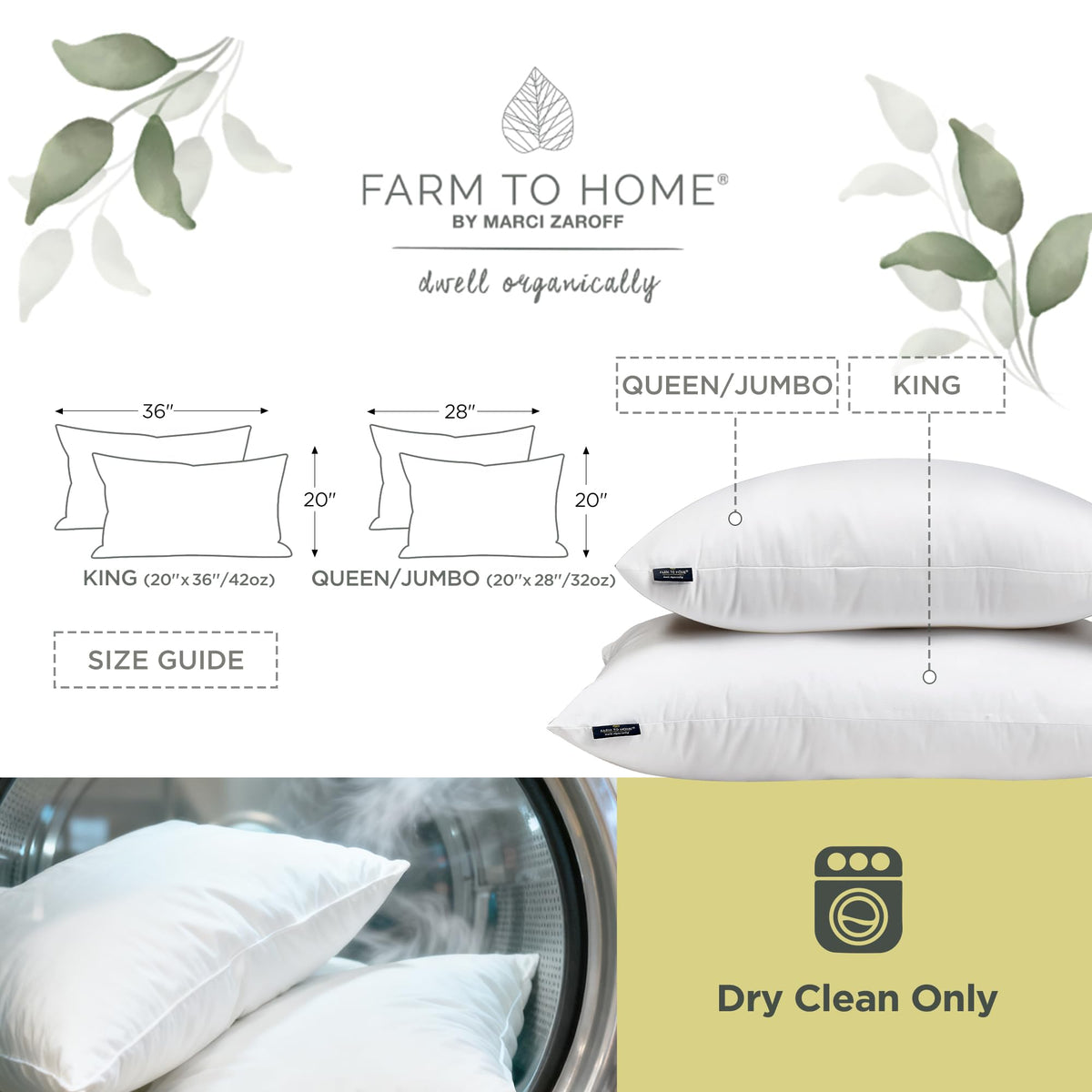 Feather and Down Pillows, 100% Organic Cotton Cover W1639