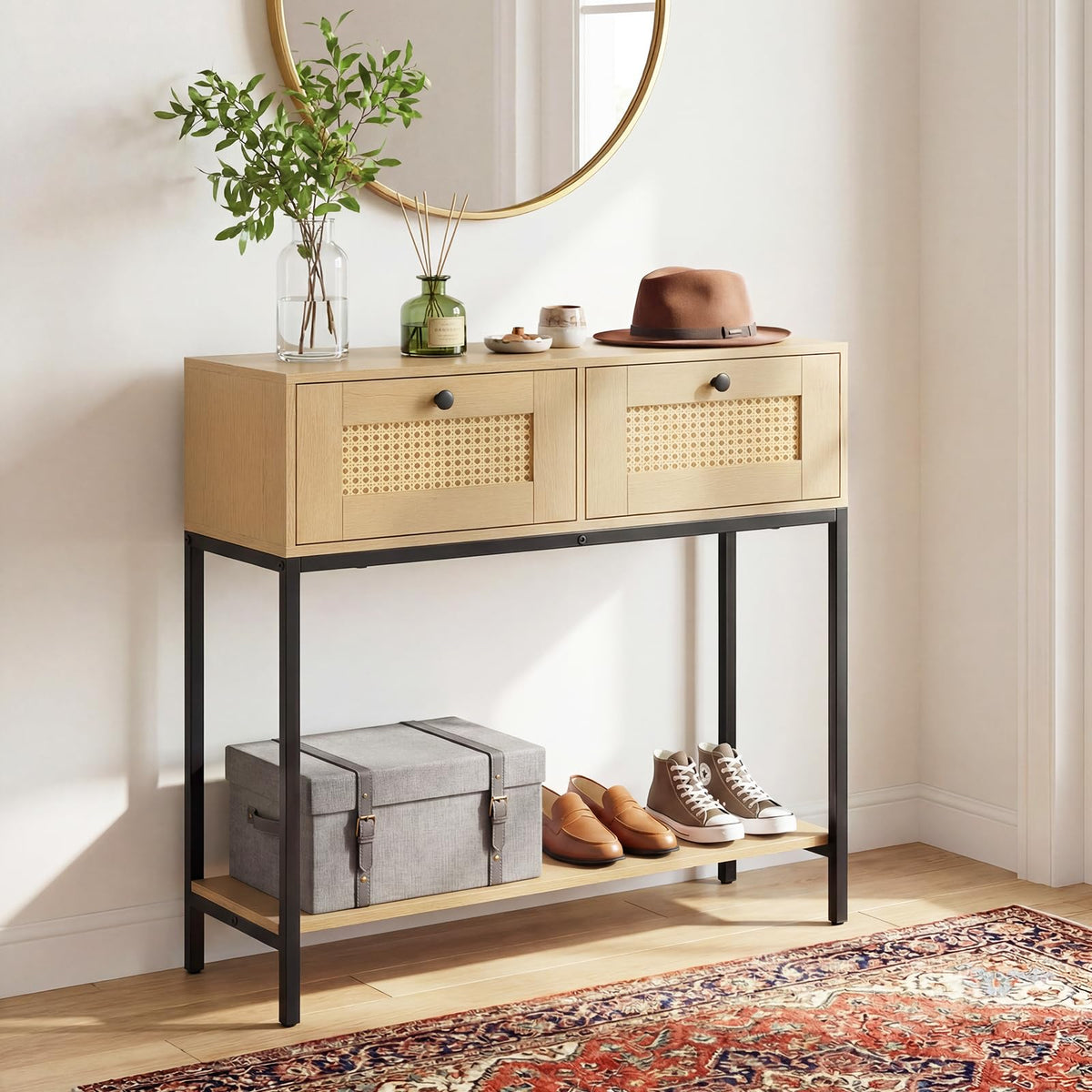 Oak Rattan Console Table with 2 Drawers Q92880