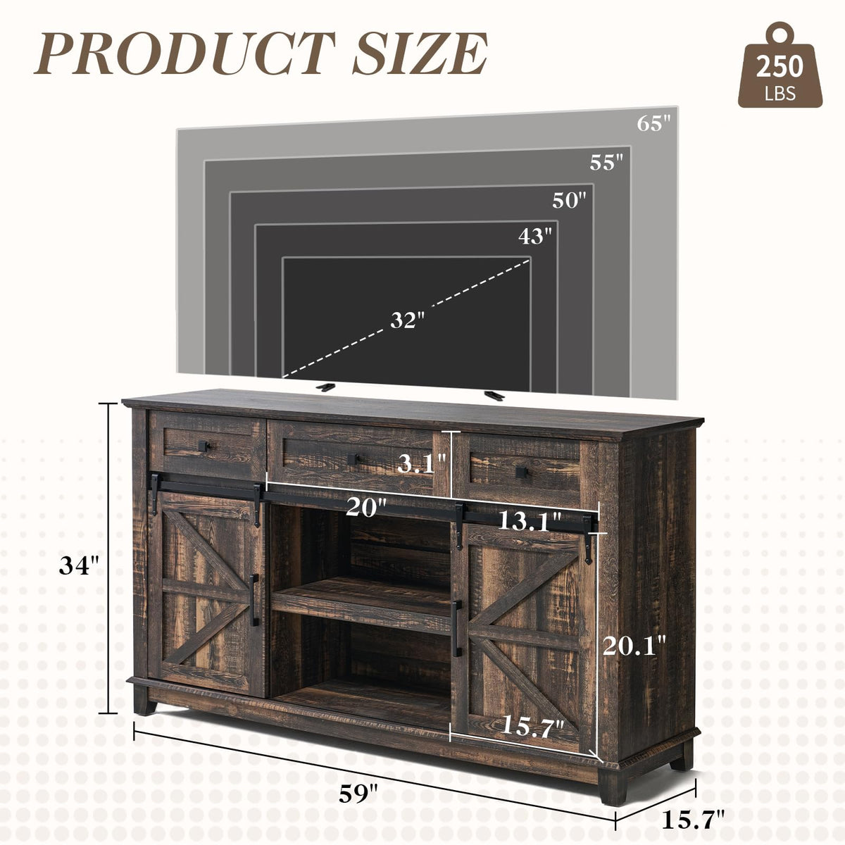 59" Dark Rustic Oak Farmhouse TV Stand with Storage Drawers F7515