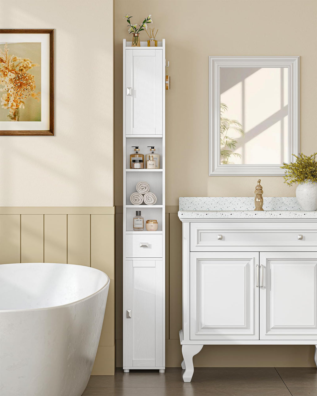White Tall Narrow Bathroom Storage Cabinet L869