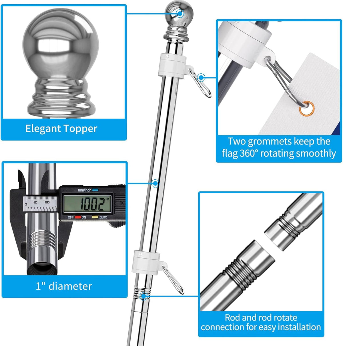 6 FT Stainless Steel Tangle Free Flag Pole Kit A974