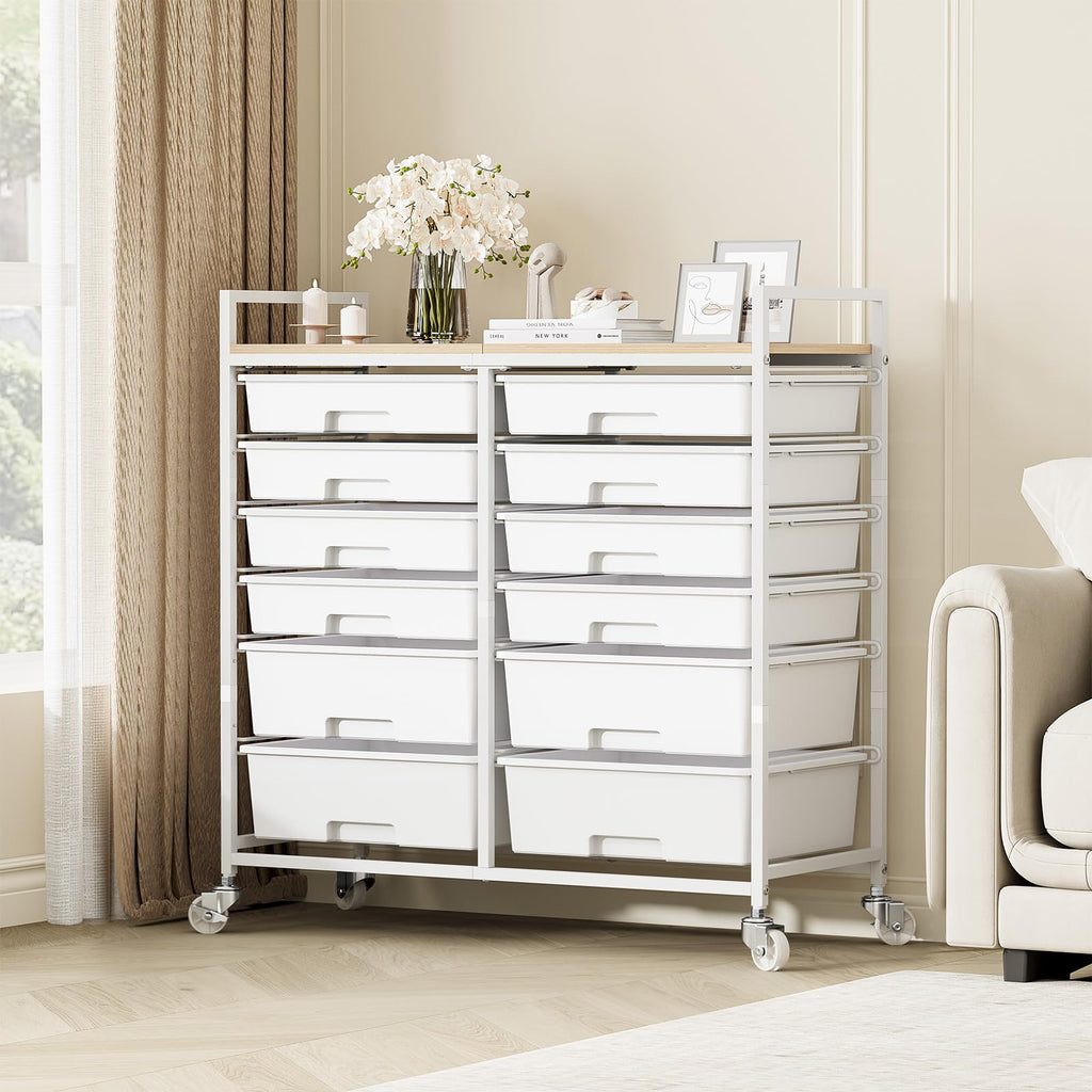 White 12 Drawers Rolling Storage Cart with Wooden Top T8792
