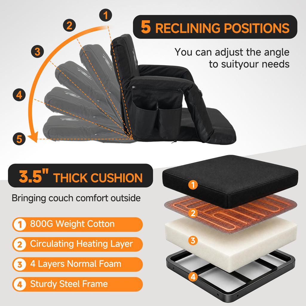 Wide Heated Stadium Seat with Back Support & Cushion K1664
