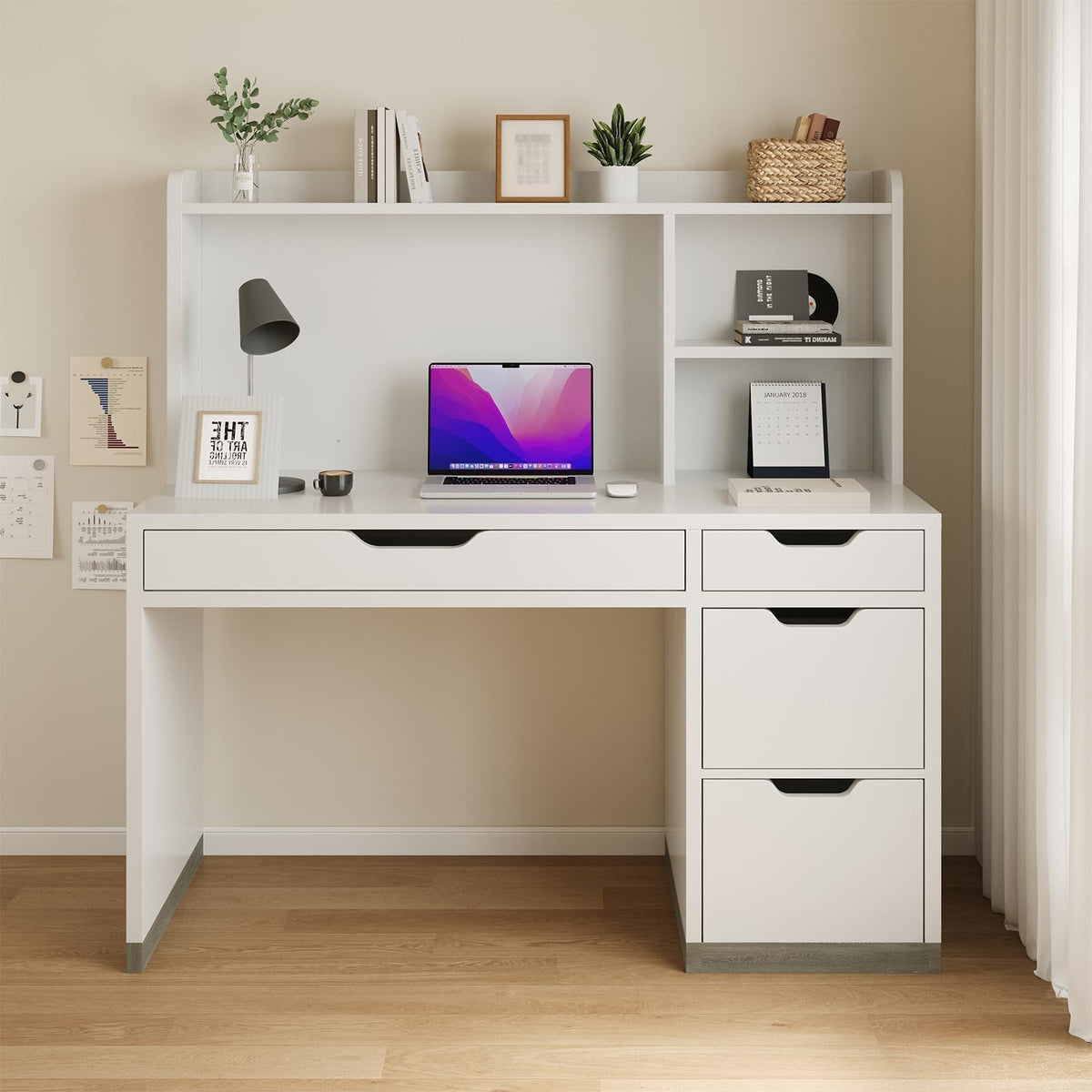 White Desk with Hutch and 4 Drawers I1526