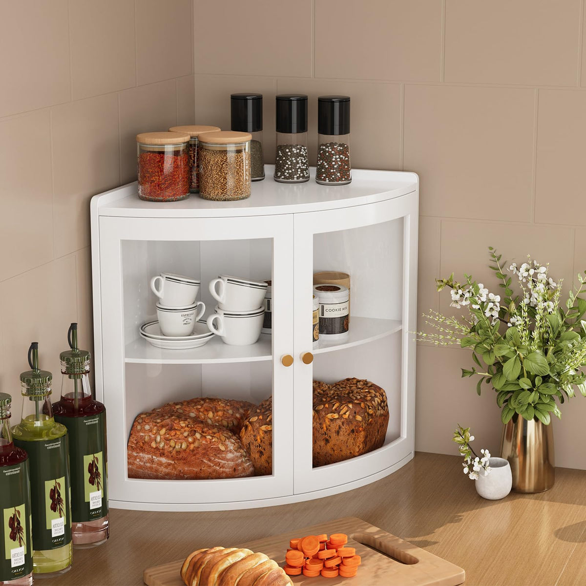 White Double Layer Large Bread Box with Acrylic Doors F18176