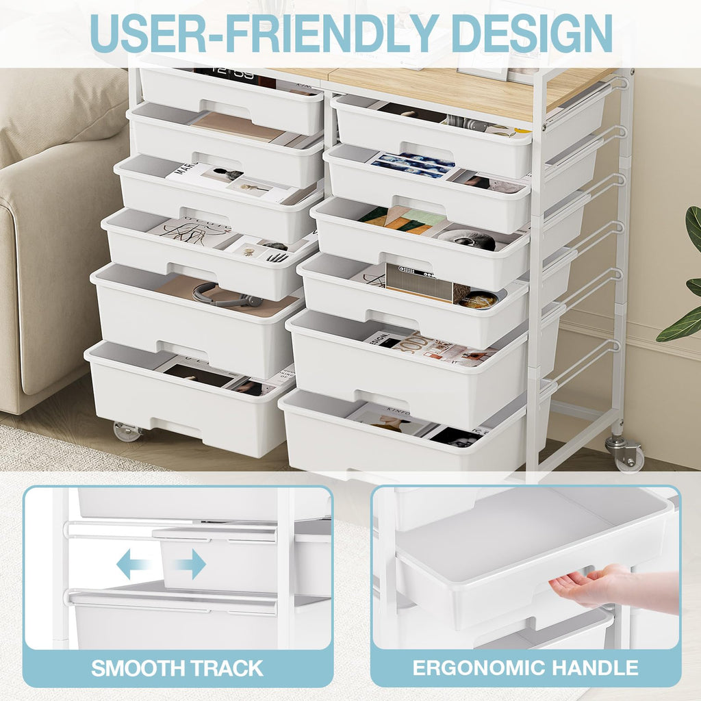 White 12 Drawers Rolling Storage Cart with Wooden Top T8792