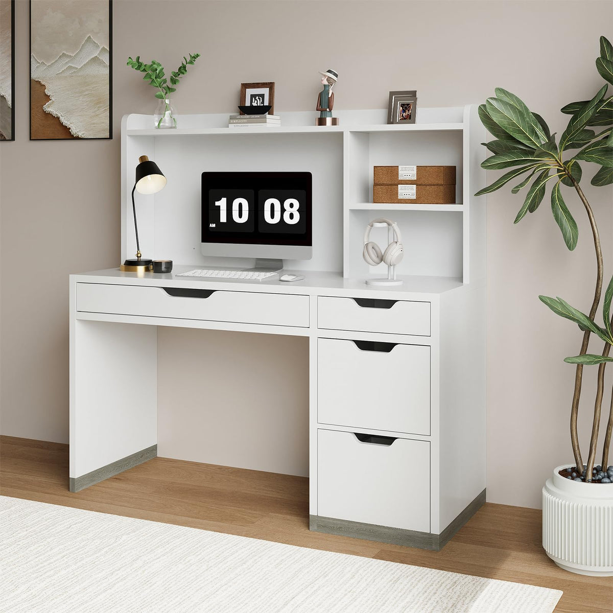 White Desk with Hutch and 4 Drawers I1526