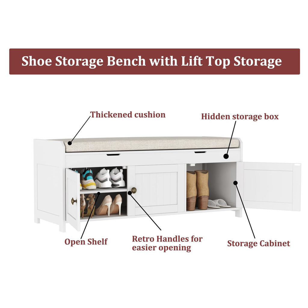 White Lift Top Storage Shoe Bench with Cushioned Seat A25158