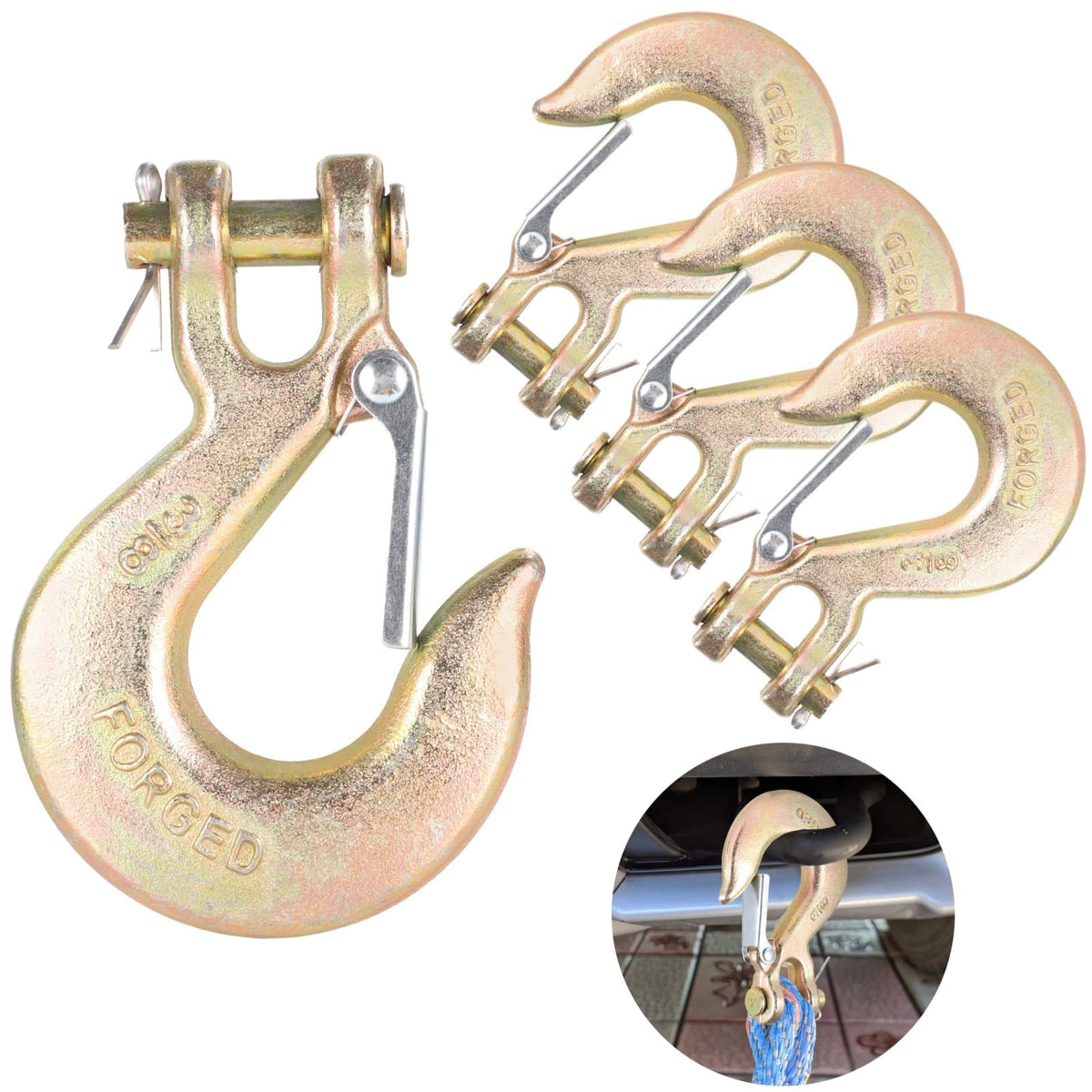 4-Pack 3/8 Forged Clevis Slip Hooks with Safety Latch I501
