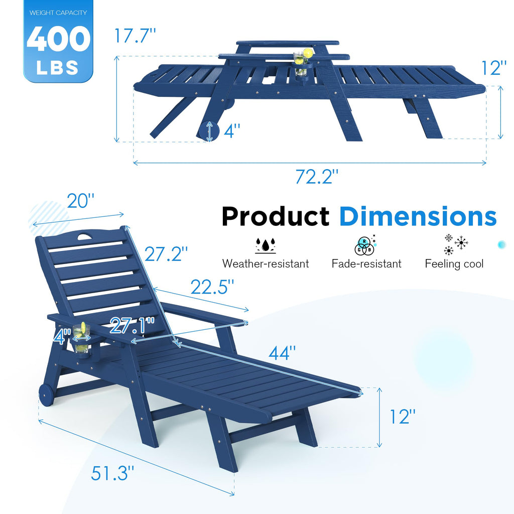 Set of 2 Outdoor Chaise Lounge Chairs with Wheels & Cup Holder M8456