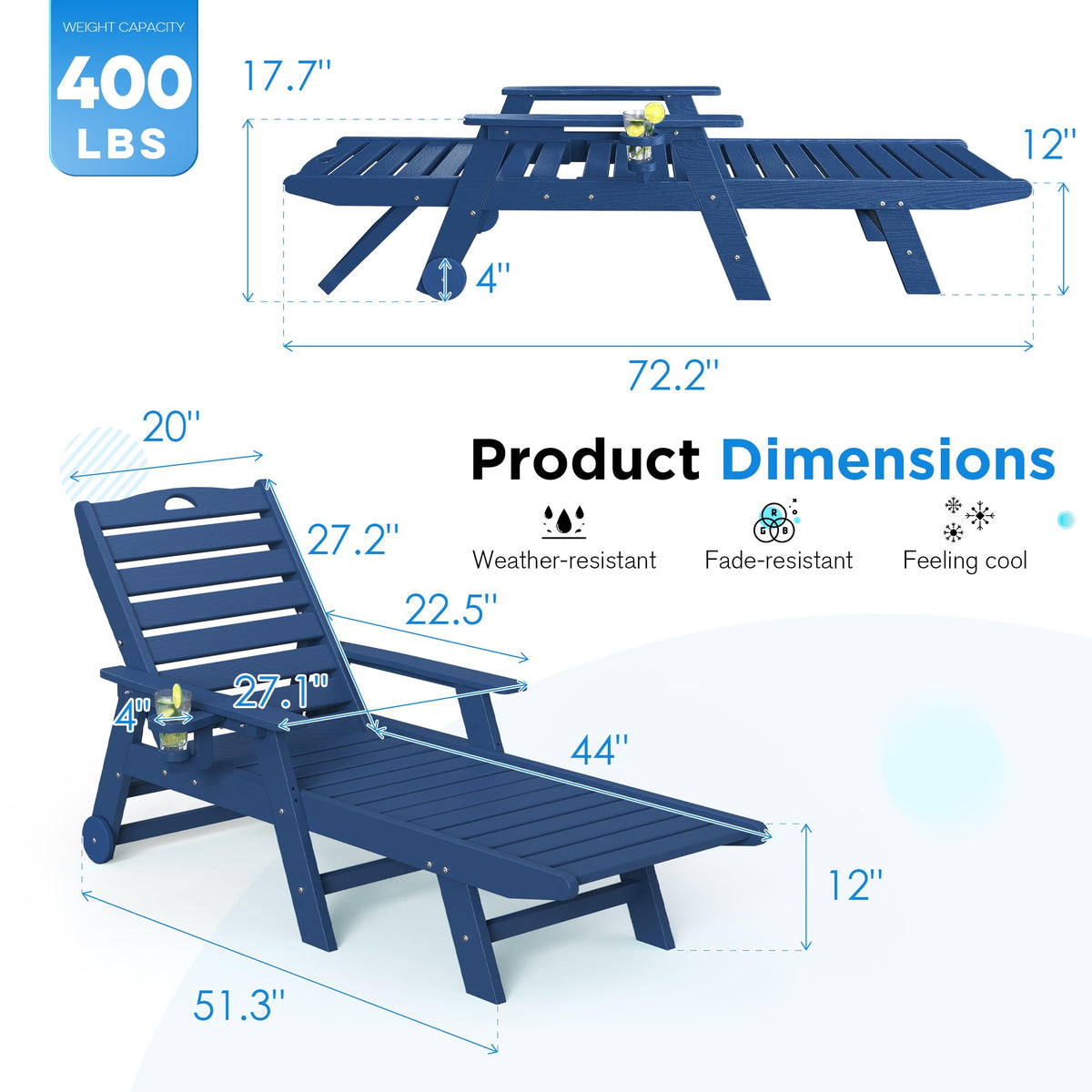 Set of 2 Outdoor Chaise Lounge Chairs with Wheels & Cup Holder M8456