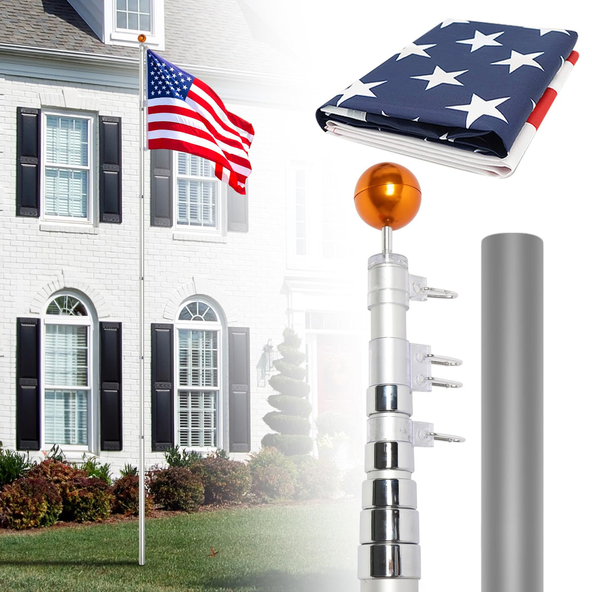 20FT Sectional Heavy Duty Aluminum Flag Pole Kit with 3x5 ft American Flag W825